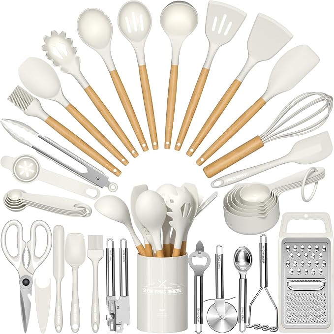 Umite Chef Silicone Kitchen Utensil Set, Cream White Wood Handles by UmiteChef