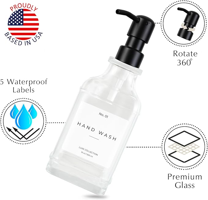 Emerson Essentials Glass Soap Dispenser Set – 16 oz 2-Pack – Refillable Dish & - Image 2