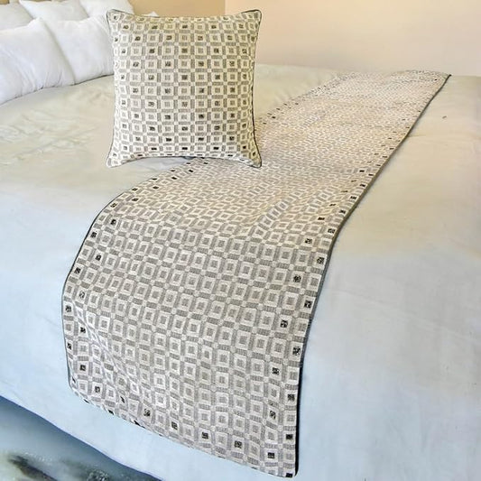 The HomeCentric King/Queen/Twin Grey Decorative Twin 53"x18" Bed Runner with Pillow Cover, Checkered, Beaded, Hand Embroidery Bed Scarf on Velvet Fabric - The Brick Effect