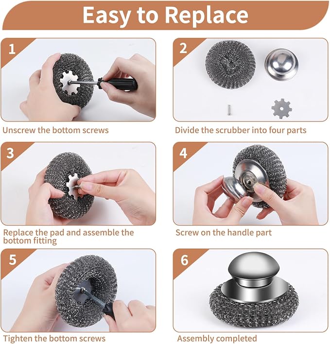 4pcs Steel Wool Scrubber with Replacement Wire Sponge Pads Set, Stainless Steel - Image 6