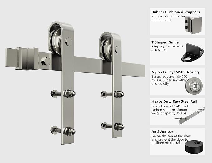 6.6FT Colorful Sliding Barn Door Hardware Track Kit, Brushed Nickel Roller Kit - Image 4