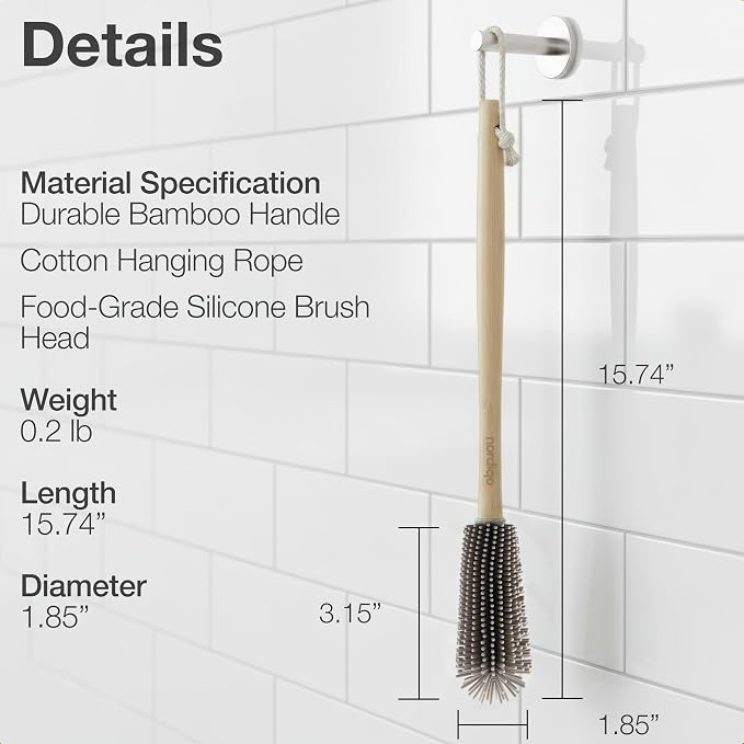 Extra Long Bottle Brush – 16" Bamboo Handle & Flexible Hygienic Silicone Head – - Image 4