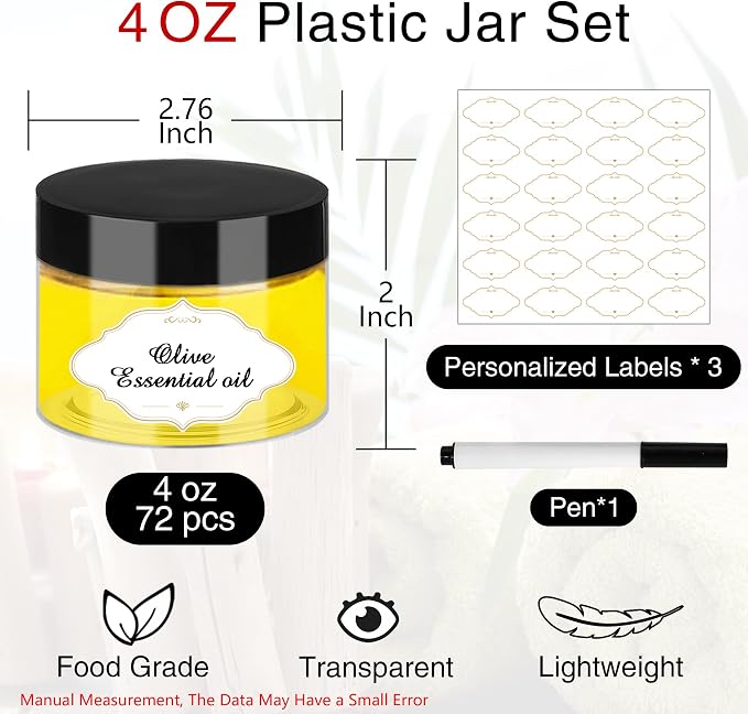 Plastic Jars with Lids, 4 OZ Slime Containers 72 Pcs Empty Clear Plastic Jars - Image 2