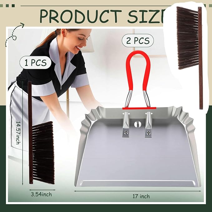 Pasimy 2 Pack 17" Metal Dust Pan and Brush Set, Large Heavy Duty Handheld - Image 2
