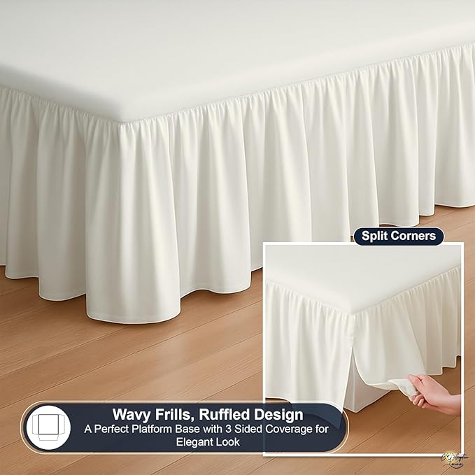 Cottington Lane Ruffled Bed Skirt Queen Size with Split Corner, Brushed Microfiber Hotel Quality Ivory Dust Ruffle, 24 Inch Drop Gathered Bedskirt, Soft and Stylish, Shrinkage and Fade Resistant