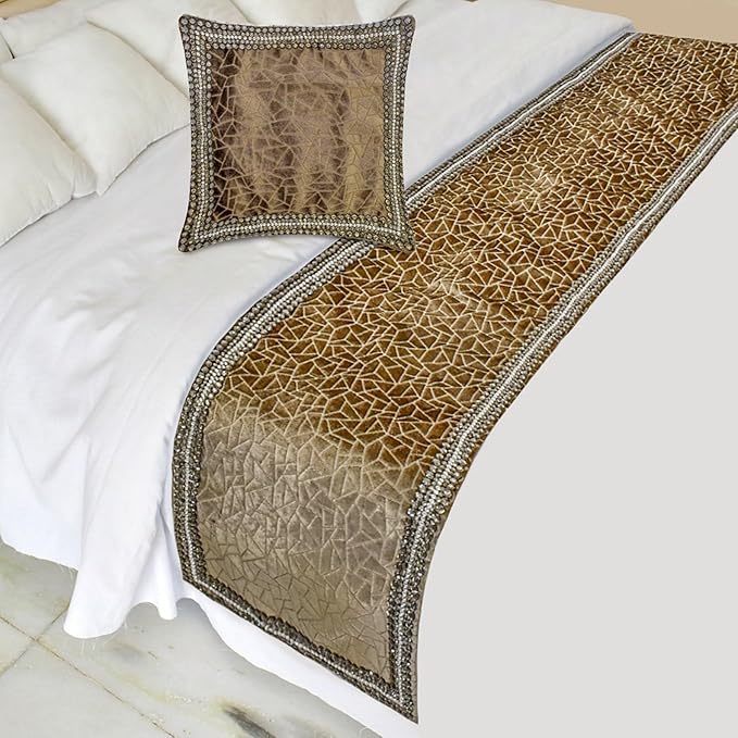 The HomeCentric King/Queen/Twin Brown Decorative Bed Runner Full 68"x18" Bed Runner with Two Pillow Cover, Border, Crystal, Cut Velvet, Mosiac Pattern Bed Scarf on Velvet Fabric - Velvet Fusion