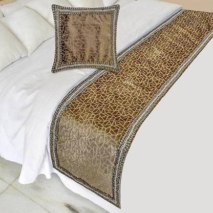 The HomeCentric King/Queen/Twin Brown Decorative Bed Runner Full 68"x18" Bed Runner with Two Pillow Cover, Border, Crystal, Cut Velvet, Mosiac Pattern Bed Scarf on Velvet Fabric - Velvet Fusion