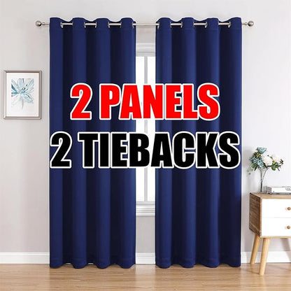 MIUCO 1 Pair Thermal Insulated Grommet 52-Inch-by-84-Inch Blackout Window Curtain Panels with 2 Tie Backs, Navy Blue