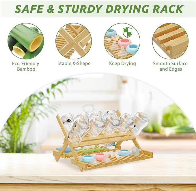 DSVENROLY Baby Bottle Drying Rack Foldable Vertical Bamboo Milk Bottle and - Image 4