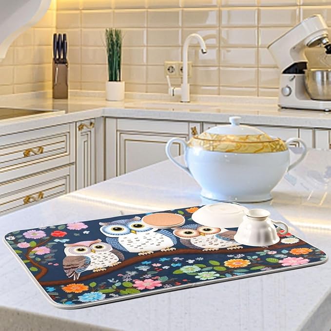 Dish Drying Mat Kitchen Counter Absorbent Three Owls Coffee Sink Mat Dish - Image 6