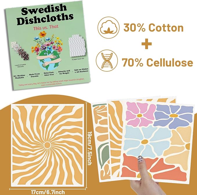 Boho Floral Swedish Dishcloths for Kitchen, Reusable Absorbent Cellulose Sponge - Image 2