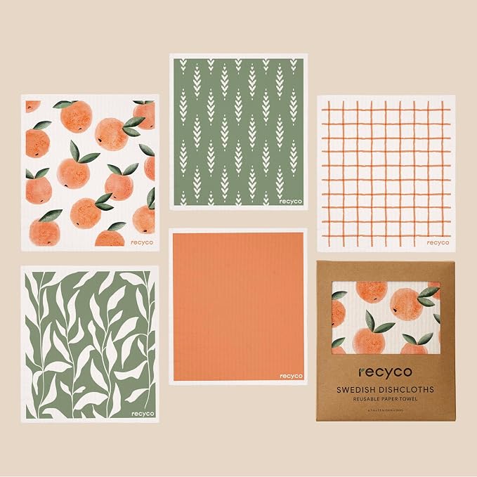 RECYCO Swedish Dishcloths for Kitchen | 5 Pack Peachy Leaves Washable Dish Rags - Image 8