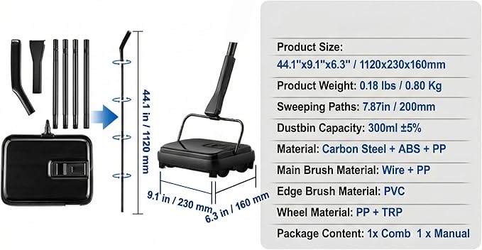 Manual Carpet Sweeper, Electric-Free Quiet Floor Sweeper - Image 4