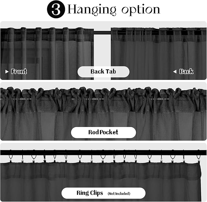 Dreaming Casa Black Sheer Curtains 96 Inches Long, Rod Pocket & Back Tab Light Filtering Textured Sheers for Living Room Bedroom, 2 Panels, Each 52" W x 96" L