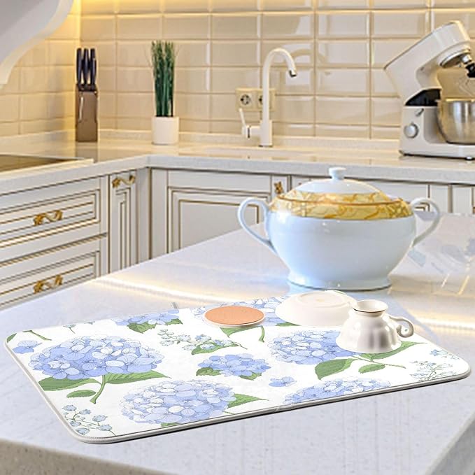 Blue Hydrangea Flowers Dish Drying Mat Super Absorbent Drying Mat Large Coffee - Image 2