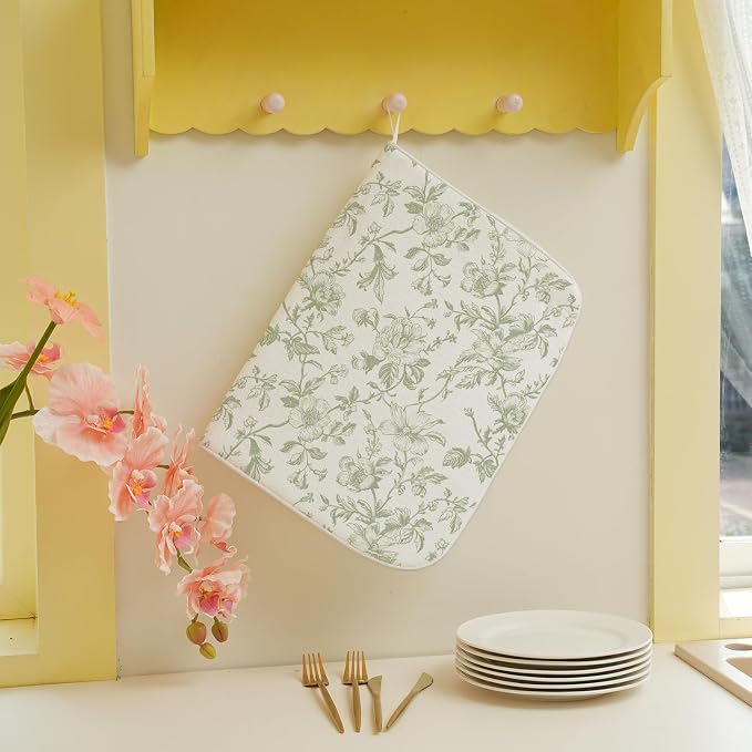 Sage Green Floral Dish Drying Mat 18 x 24 Inch Vintage Light Green Floral - Image 3