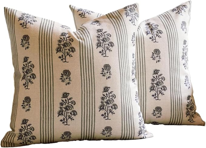 Amor Virisso Floral Throw Pillow Covers 18x18 Set of 2 Block Print Pillow Covers Neutral Floral Striped Farmhouse Decorative Pillow Covers for Sofa Couch Bed, Dusty Green