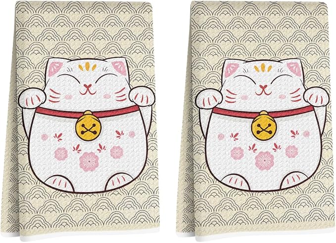 2 Pcs Cute Cat Kitchen Towels 14x24 Inch, Adorable Cats Waffle Hand Towels by Hanamiya+Na