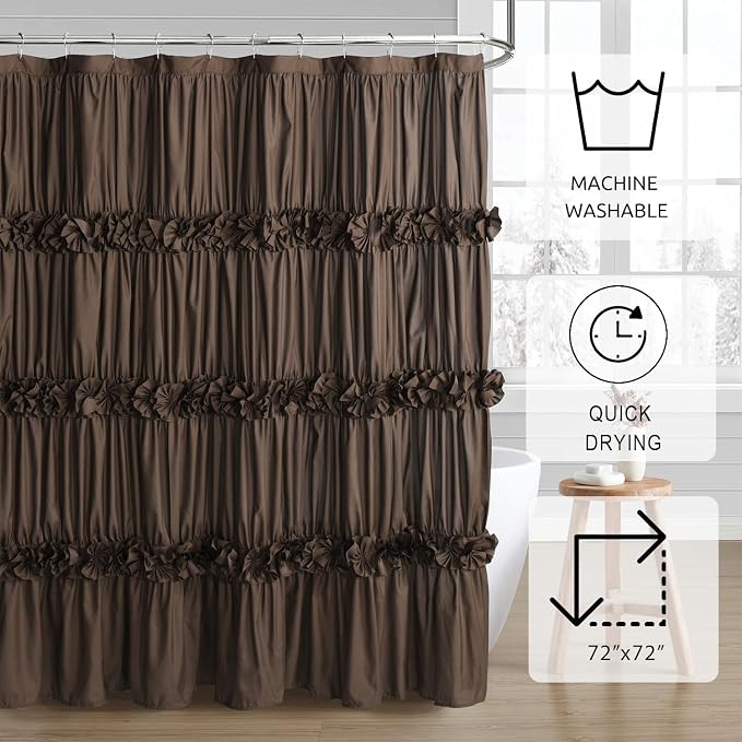 Chocolate Ruffle Shower Curtain, Vintage Handcrafted Bow Tie Bath Curtain - Image 4
