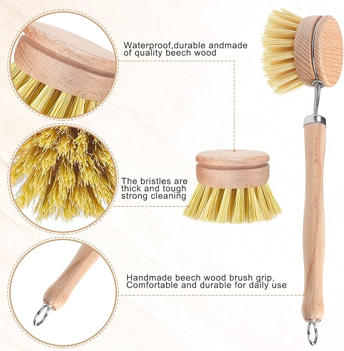 Boao Dish Brush with Beechwood Handle with 5 Replacement Heads Natural Wood - Image 3