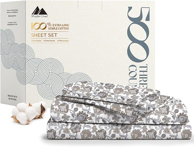 Mayfair Linen 100% Cotton Printed California King Cotton Sheets - 4 PC Cal King Size Bed Sheet Set Cotton (Floral Ivory), Soft, Cooling, Sateen Weave 16" Deep Pocket Bedsheet (Fits 18" Mattress)