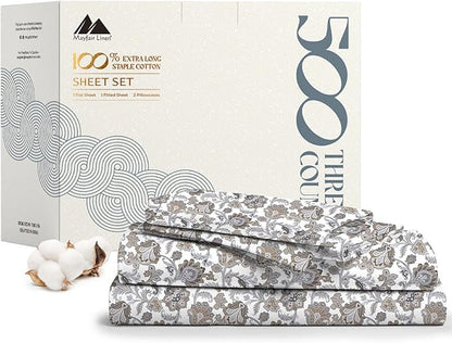 Mayfair Linen 100% Cotton Printed California King Cotton Sheets - 4 PC Cal King Size Bed Sheet Set Cotton (Floral Ivory), Soft, Cooling, Sateen Weave 16" Deep Pocket Bedsheet (Fits 18" Mattress)