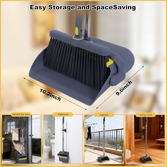 Heavy Duty Broom and Standing Dustpan Combo Set, Rotatable Head Dust Pan and - Image 2