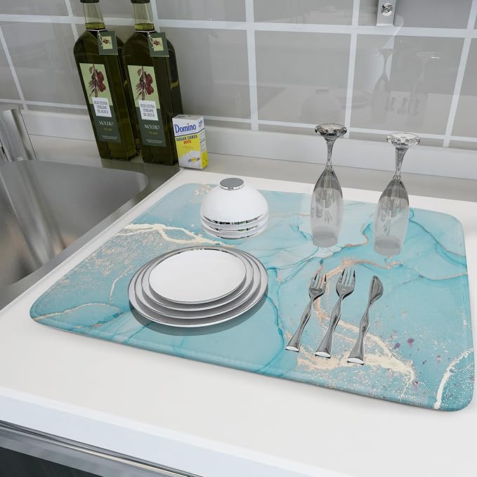 Teal Blue Marble Dish Drying Mat - Image 6