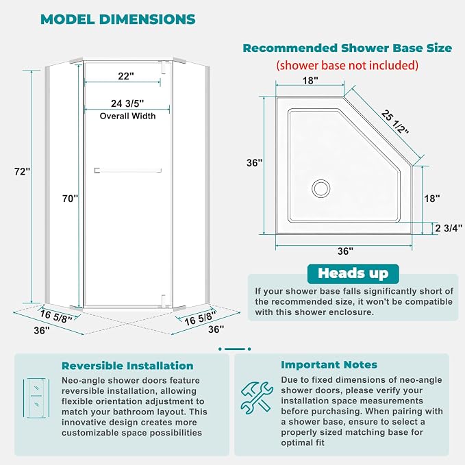 36" D x 36" W x 72" H Neo-Angle Frameless Shower Door, 1/4” SGCC Tempered Glass - Image 2