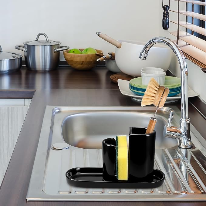 Geelin 3 in 1 Ceramic Kitchen Sink Caddy Dish Sponge Holder Scrub Brush Holder - Image 3