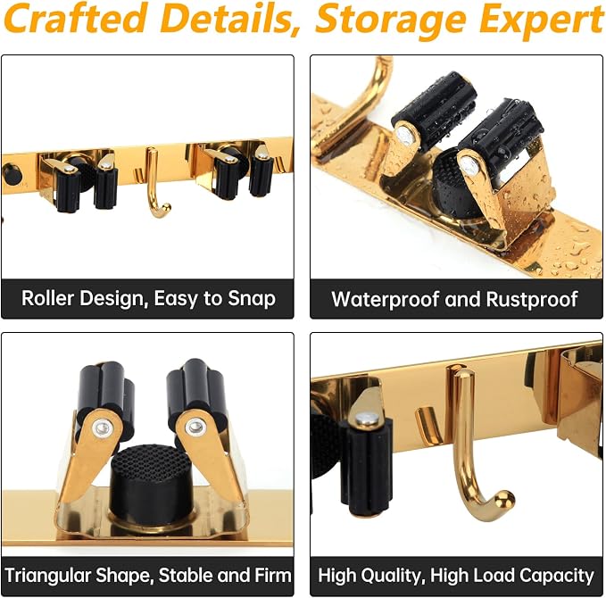 3 Racks and 4 Heavy Duty Hooks Mop and Broom Holder Wall Mount, Non-slip - Image 3