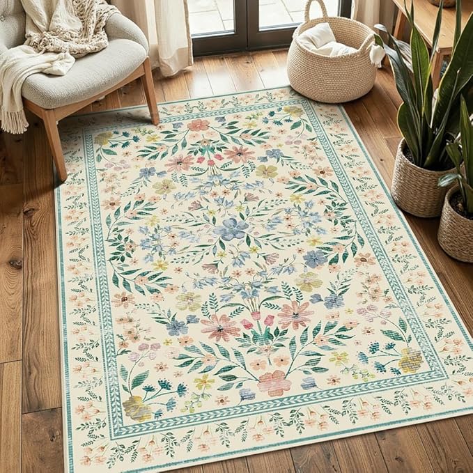 Floral Rug for Entryway, 3x5 Washable Area Rug, Non Slip Low Pile Carpet by Rugxara