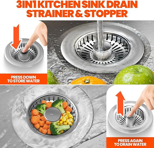 Kitchen Sink Drain Strainer & Sink Stopper, Upgraded 3 in 1 Stainless Steel - Image 2