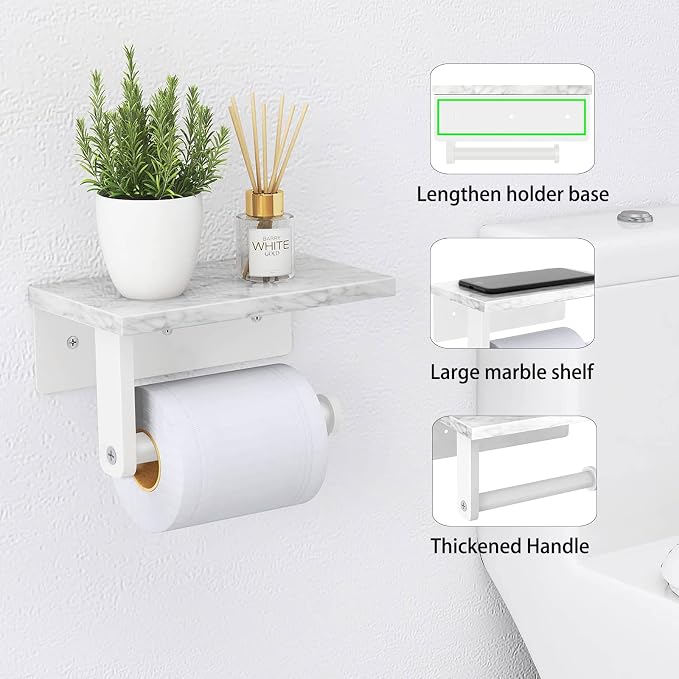 Toilet Paper Holder with Natural Marble Shelf, 304 Stainless Steel Screw Wall - Image 3