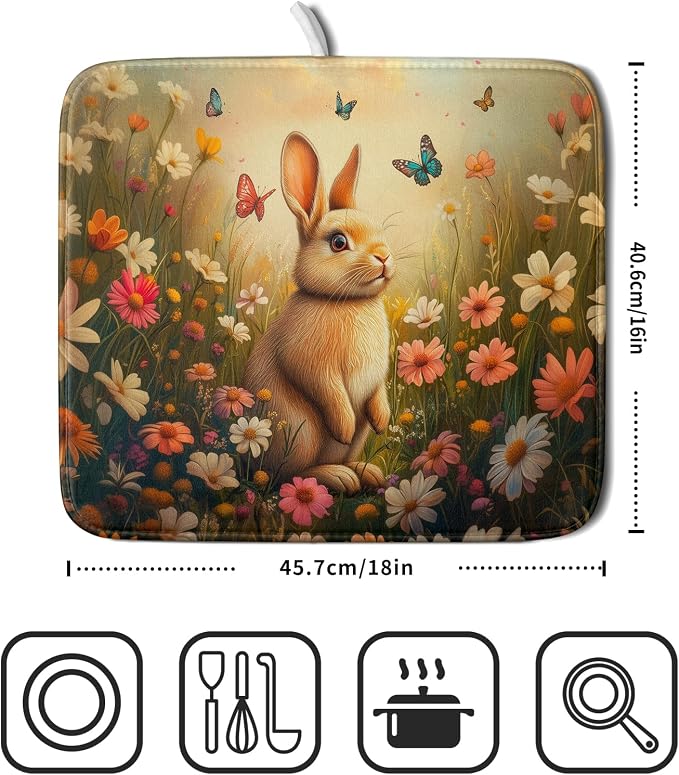 Giwawa Easter Bunny Dish Drying Mat Flower Butterfly Kitchen Drainer Mat 16x18 - Image 2