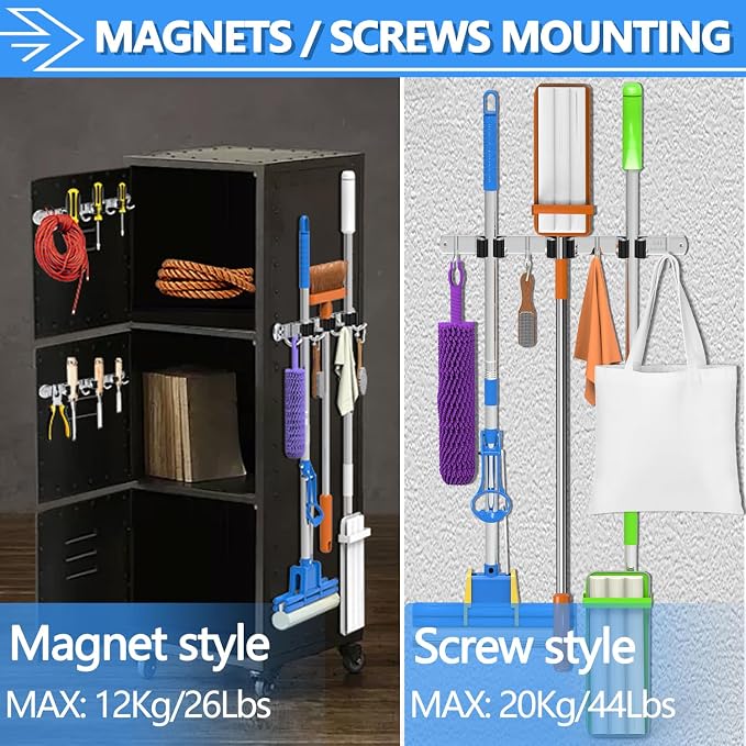 3-H Magnetic Broom Holder Wall Mount 1 Pack, 2-in-1 Dual Mount, 304 Stainless - Image 5