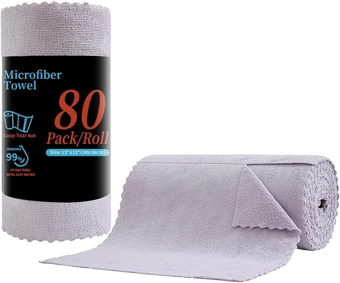 80 Pack Microfiber Cleaning Cloth Roll, Lint Free Rags & Tear Away Reusable by Tigona