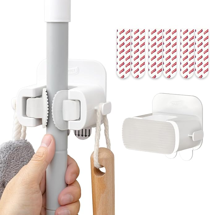 TAILI Mop and Broom Holder Wall Mount Grippers, 2 Hangers and 6 Adhesive Strips by TAILI