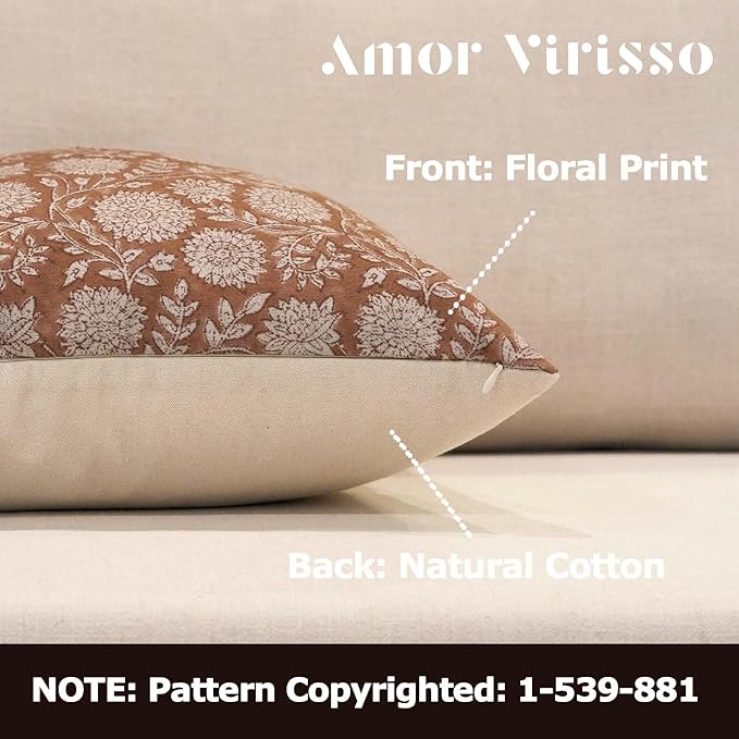 Amor Virisso Floral Throw Pillow Covers 18x18 Block Print Pillow Covers Vintage Neutral Couch Pillows for Living Room Farmhouse Decorative Accent Sofa Pillows, Brownish Orange