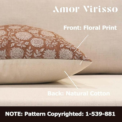 Amor Virisso Floral Throw Pillow Covers 18x18 Block Print Pillow Covers Vintage Neutral Couch Pillows for Living Room Farmhouse Decorative Accent Sofa Pillows, Brownish Orange