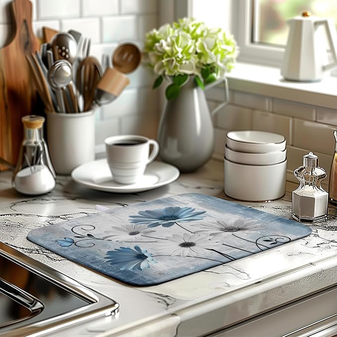 Dish Drying Mat for Kitchen Counter 16x18 Inch Blue Grey Daisy Drying Pads - Image 6