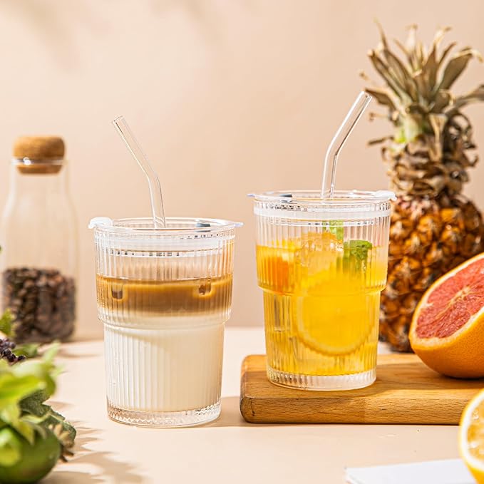 13oz Glass Tumblers with Lids and Straws, Cold Beverages, Includes Cleaning - Image 5
