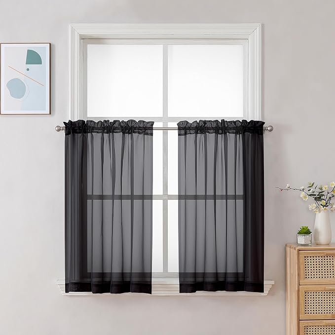 Chyhomenyc Black Sheer Tier Curtains 24 Inch Length, Small Window Curtains by Chyhomenyc