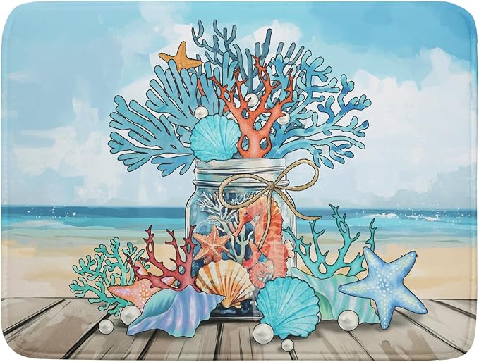 Coastal Coral Dish Drying Mat 18x24 inch Starfish Shell Fast Dry Microfiber by Giwawa