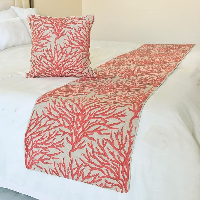 The HomeCentric King/Queen/Twin Coral, Peach & Pink Designer CA King 86"x18" Bed Runner with Pillow Cover, Coral, Pearl Embroidery, Under The Sea & Beach Theme on Linen Fabric - Coraline Pearls
