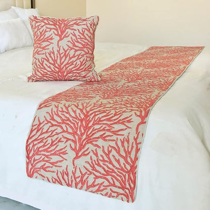 The HomeCentric King/Queen/Twin Coral, Peach & Pink Designer CA King 86"x18" Bed Runner with Pillow Cover, Coral, Pearl Embroidery, Under The Sea & Beach Theme on Linen Fabric - Coraline Pearls