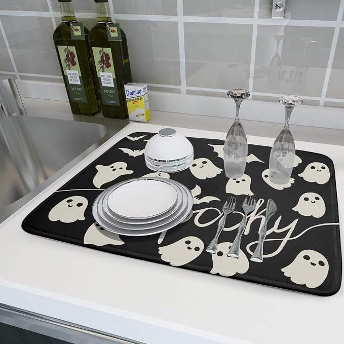 Halloween Dish Drying Mat for Kitchen Counter 18x24 Cute Ghost Black Spooky - Image 6