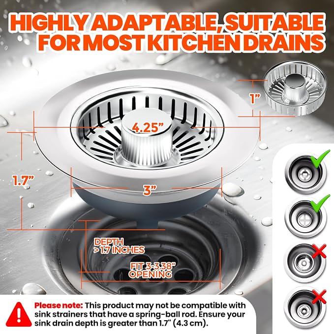 Kitchen Sink Drain Strainer & Sink Stopper, Upgraded 3 in 1 Stainless Steel - Image 5