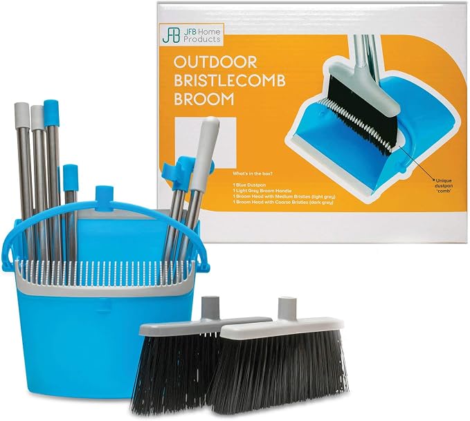 BristleComb Outdoor Broom & Dustpan Set Upright, Long Handle, Self-Cleaning by JFB+Home+Products