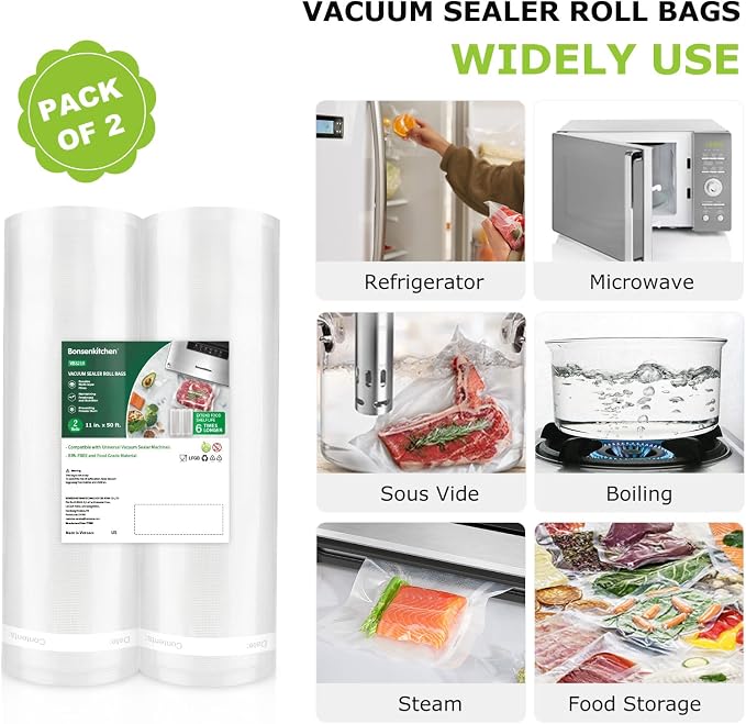 Bonsenkitchen Vacuum Sealer Bags, 11 in x 50 ft Rolls 2 Pack Seal Bags - Image 5